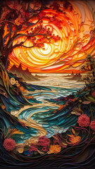 Paper quilling art representing a landscape with water, sky and trees. Created with Generative AI technology.