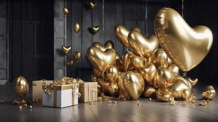 Fototapeta na wymiar A romantic illustration of message for Valentine's Day. Big hearth gold balloons above the box full of hearts, abstract love creations. Blurry background, template, Bokeh, Generative AI