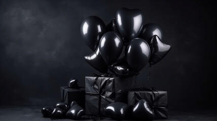 A romantic illustration of message for Valentine's Day. Big hearth black balloons above the box full of hearts, abstract love creations. Blurry background, template, Bokeh, Generative AI