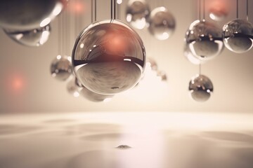 Shiny spheres flying on a light abstract background. 3D render. Generative AI