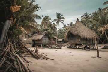Desolate bamboo village on a tropical beach. Generative AI
