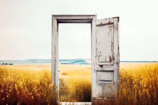 Surrealistic image of an opened door in nature. New decision or alternative concept. Created with Generative AI technology.