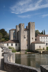 Fototapeta na wymiar Au bord de la rivière Gélise se dressent les quatre tours du moulin fortifié de Barbaste