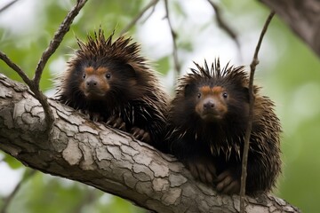 A pair of porcupines in a tre - obrazy, fototapety, plakaty