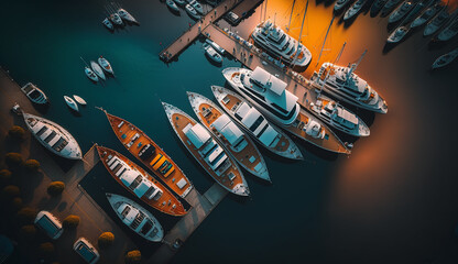 Aerial View of Boats and Luxury Yachts in Dock at Sunset, Generative AI