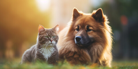 cute animal friends cat and dog in the park on the grass.Generative AI