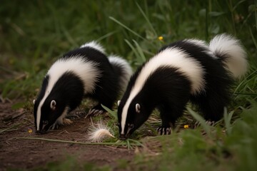 A pair of skunks foraging for foo