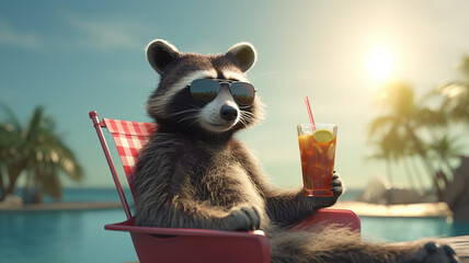cute raccoon on vacation at the sea drinking a cocktail with sunglasses .Generative AI - obrazy, fototapety, plakaty