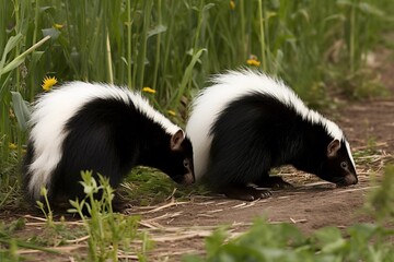A pair of skunks foraging for foo