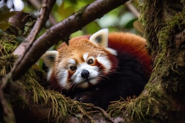 A red panda curled up in a tre