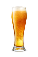 Weizen glass of fresh yellow beer with cap of foam isolated. Transparent PNG image.