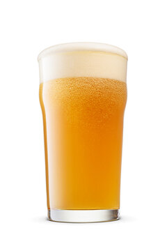 British pint glass of wheat unfiltered beer with cap of foam isolated. Transparent PNG image.