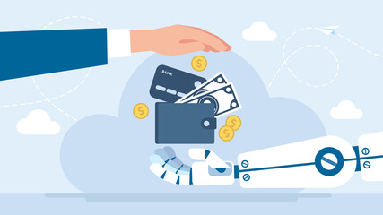 Businessman man hand money to robotic assistant. The robot receives money from the man. Saving savings. Man pass banknotes, pennies, credit card, wallet to robot or Android. Flat illustration