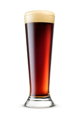 Pilsner glass of fresh dark stout beer with cap of foam isolated. Transparent PNG image.