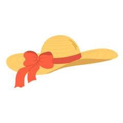 Isolated yellow straw hat with red bow and brim on white background in flat style. Summer recreation