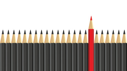 Red pencil standing out from crowd of plenty identical black fellows on white background. Leadership, uniqueness, independence, initiative, strategy, dissent, think different, business success concept