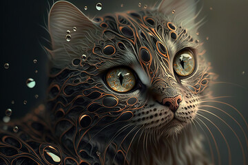 Portrait of kitten with wide open eyes in ferrofluid style. Unrealistic cat. Generative AI