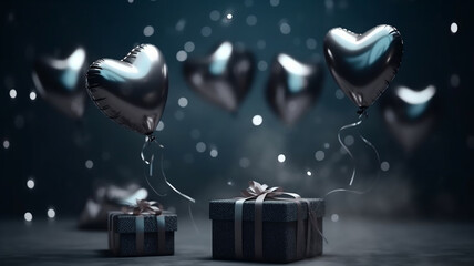 A romantic illustration of message for Valentine's Day. Big hearth silver balloons above the box full of hearts, abstract love creations. Blurry background, template, Bokeh, Generative AI