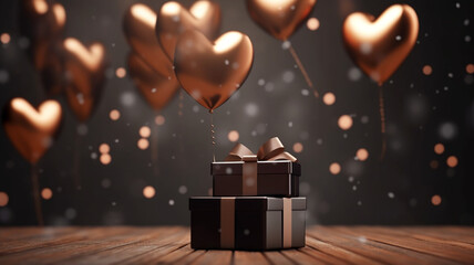 A romantic illustration of message for Valentine's Day. Big hearth brown balloons above the box full of hearts, abstract love creations. Blurry background, template, Bokeh, Generative AI