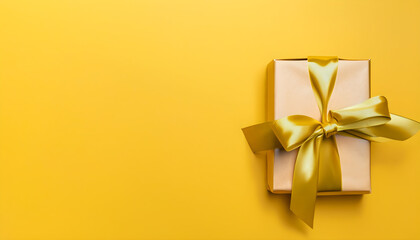 Obraz na płótnie Canvas Gift box with golden satin ribbon and bow on yellow background.Holiday gift with Birthday or Christmas present, flat lay, top view, happy mother day, Ai generated 