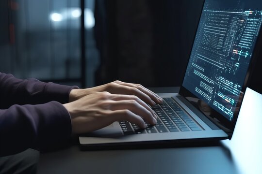 Software development concept. Coding programmer, software engineer working on laptop with javascript computer code on virtual screen, internet of things IoT, digital technology