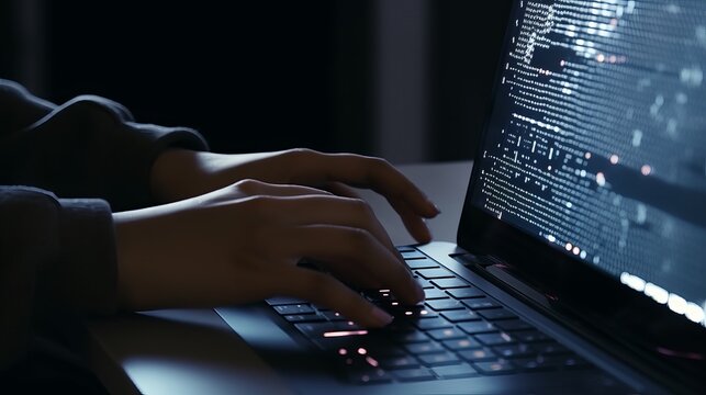 Software development concept. Coding programmer, software engineer working on laptop with javascript computer code on virtual screen, internet of things IoT, digital technology