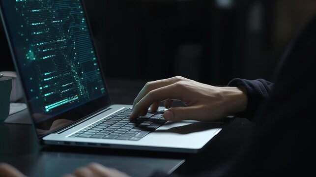 Software development concept. Coding programmer, software engineer working on laptop with javascript computer code on virtual screen, internet of things IoT, digital technology, Generative AI