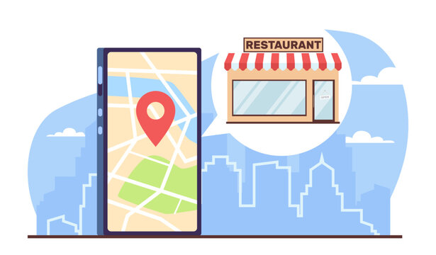 Phone navigation app to find good restaurant. Gprs application, huge smartphone with city map on device screen, cafe building, online navigator cartoon flat style isolated vector concept