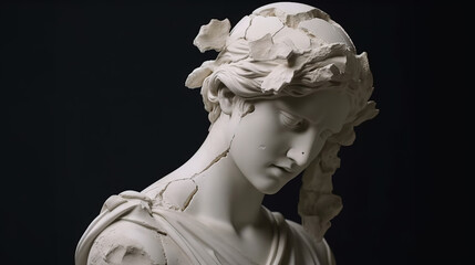 Antique plaster beautiful young woman head sculpture, black background - AI Generative