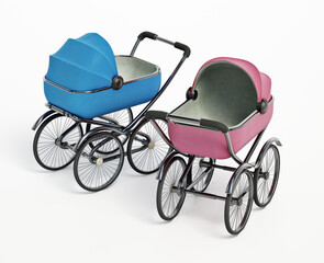 Fototapeta na wymiar Vintage baby strollers isolated on white background. 3D illustration