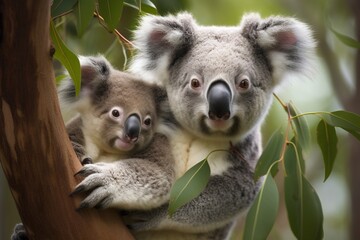 Mother and baby koalas in a tre