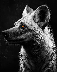 Generated photorealistic portrait of a wild African hyena in profile with orange eyes in black and white format