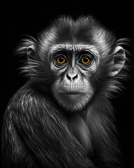Generated photorealistic portrait of a wild macaque with yellow eyes in black and white format