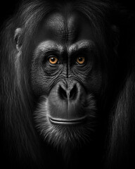 Generated photorealistic portrait of a wild orangutan with orange eyes in black and white format