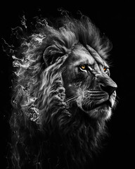 Generated photorealistic portrait of a lion with a mane in flames in black and white format