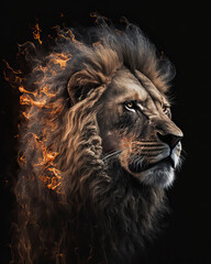 Naklejka premium Generated photorealistic portrait of a lion with a mane in flames 
