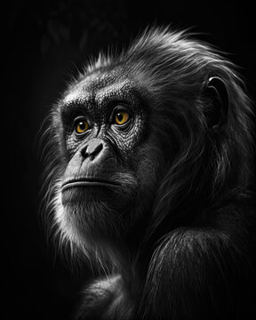 Generated photorealistic image of an important monkey in profile in black and white format