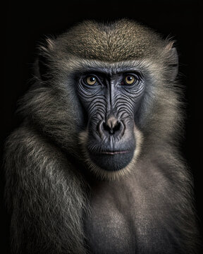 Generated photorealistic image of an important monkey with yellow eyes
