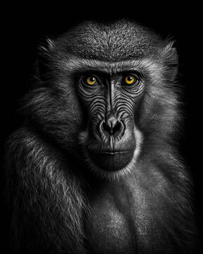 Generated photorealistic image of an important monkey with yellow eyes in black and white format