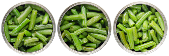 Flat lay view at opened tin cans with green beans isolated on transparent background