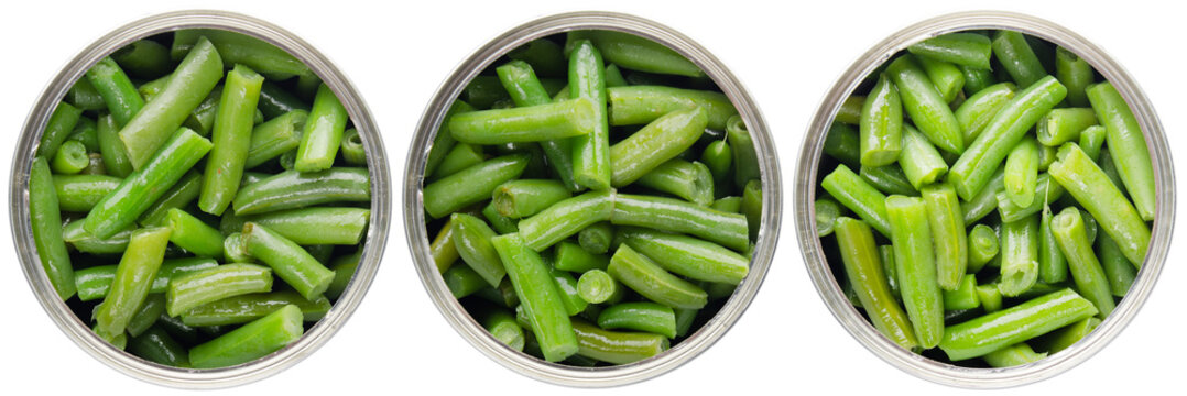 Flat lay view at opened tin cans with green beans isolated on transparent background