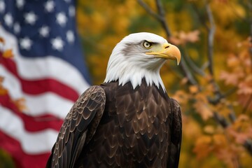 Obraz premium A bald eagle perched on a tree branch with an American flag in the backgroun