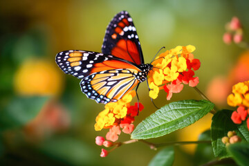 Beautiful image in nature of butterfly on yellow lantana flower against blurred background. Generative AI.