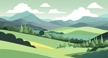 A rural landscape background of rolling hills and mountains. Fields, farm land and trees.