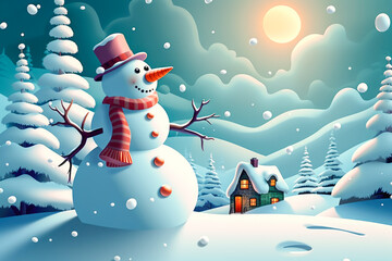 Obraz premium Merry Christmas and Happy New Year greeting card with snowman. Generative AI.
