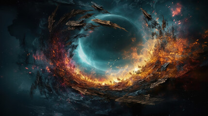 Obraz premium Fantasy landscape with glowing stars, nebulae, colorful massive clouds, black hole Digital artwork graphic, astrology magic - Generative AI