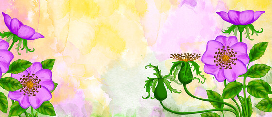 Illustration. Lilac flowers, green leaves on a colored background.