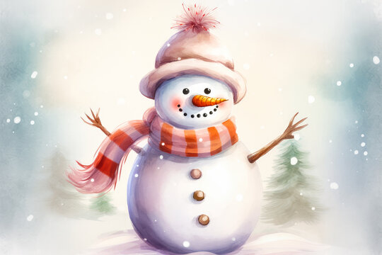 Merry Christmas and Happy New Year greeting card with snowman. Generative AI.