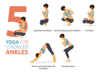 5 Yoga poses or asana posture for workout in Stronger Ankles concept. Women exercising for body stretching. Fitness infographic. Flat cartoon