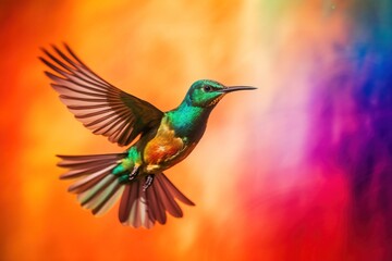 A bird in flight against a colorful backgroun
